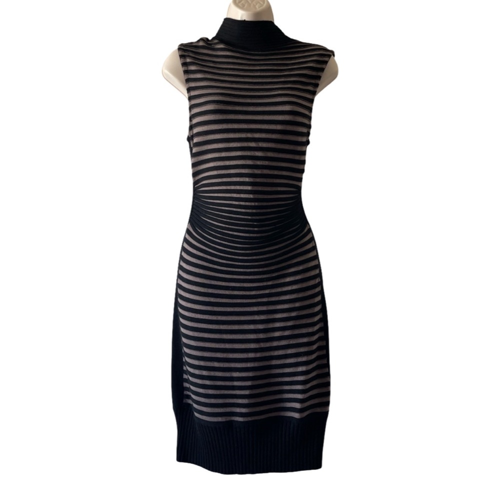 Kerisma Black Stripe Sheath Midi Dress Mock Neck Sleeveless